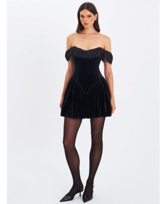 Women's Daisha Black Lace Trimmed Off-Shoulder Ruched Mini Dress