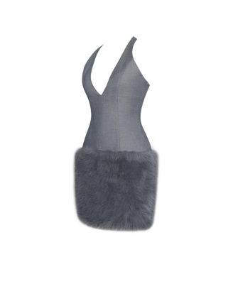 Women's Daisy Grey Drop Waist Fur Trim Halter Mini Dress