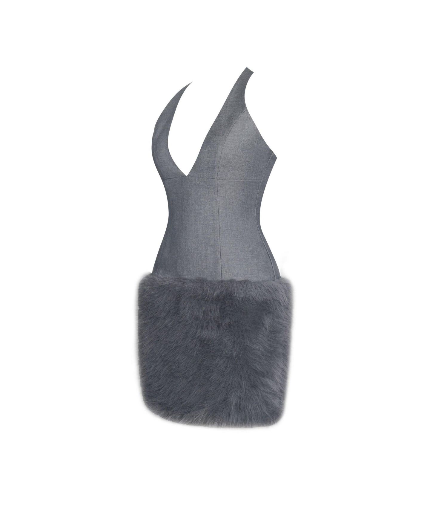 Женское платье Miss Circle Daisy Grey Drop Waist Faux Fur Trim Halter Mini, цвет: Серый — фото 3