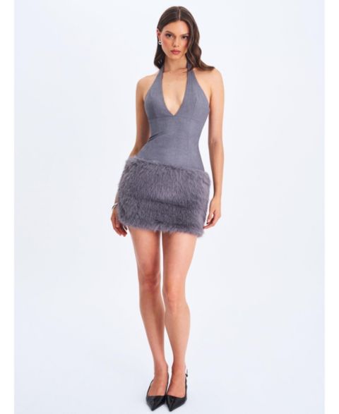 Женское платье Miss Circle Daisy Grey Drop Waist Faux Fur Trim Halter Mini, цвет: Серый