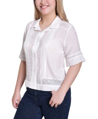 Women's Point Collar Short Sleeve Eyelet-Inset Top
