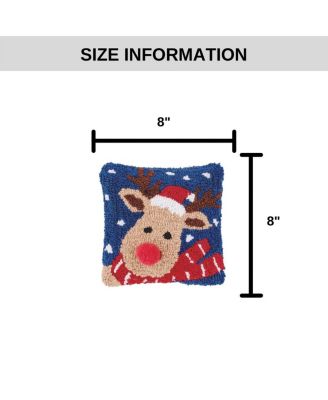 Reindeer w/ Santa Hat Hooked Christmas Mini Accent Pillow 8" x 8