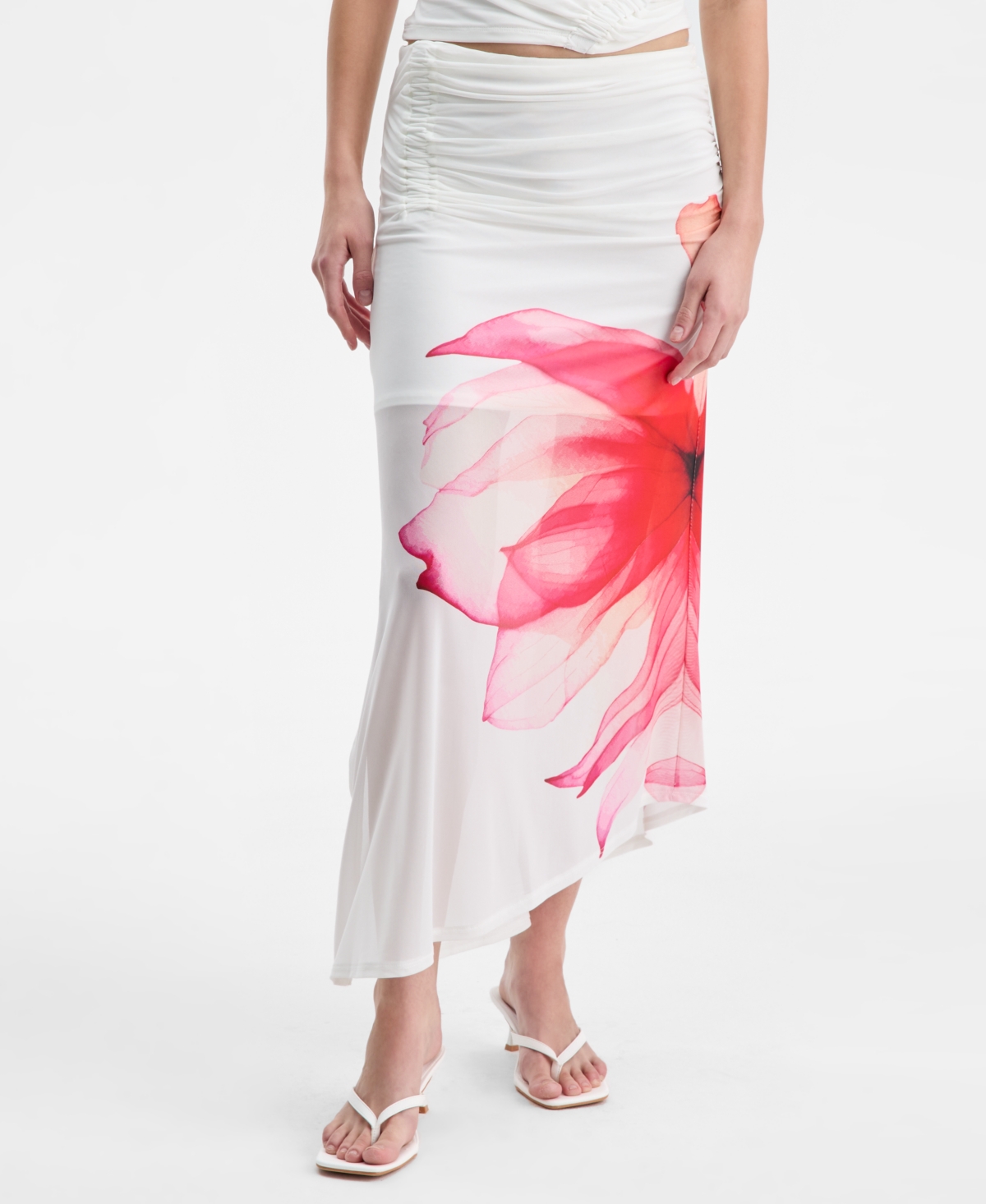 Bar Iii Women's Asymmetrical Floral-print Midi Skirt, Macy's Exclusive In White