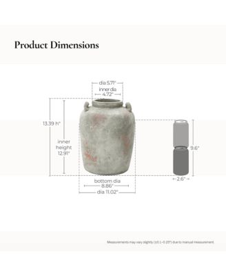 Rustic Old-World Gray with Brown 13.4-Inch Tall Round Terracotta Jug Vase with Handles