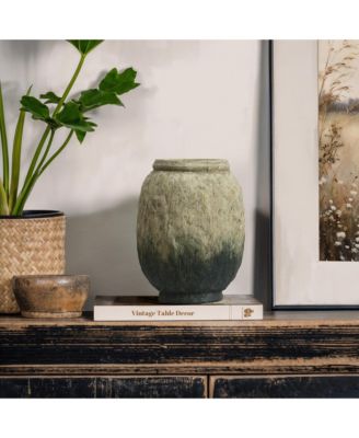 Old-World Brown with Green Bottom 10-Inch Tall Round Terracotta Vase