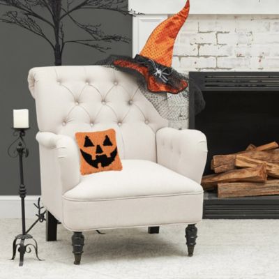 Smiling Jack O' Lantern Small Petite Hooked Halloween Accent Pillow 8" x 8"