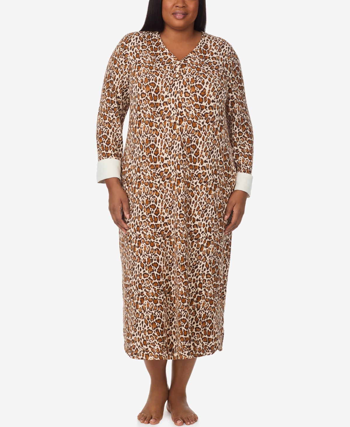 Ellen Tracy Plus Size Printed V-neck Long Gown With Socks In Brown