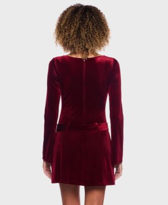 Women's Long Sleeve Belted Velvet Dress