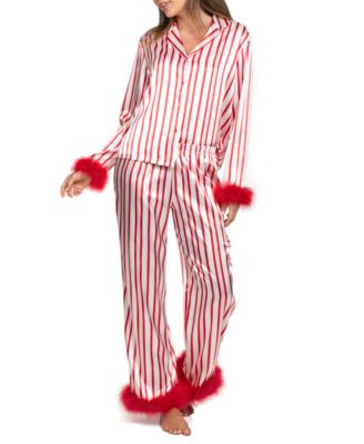 Women's 2-Piece Marabou Stripe Top and Pants Pajama Set