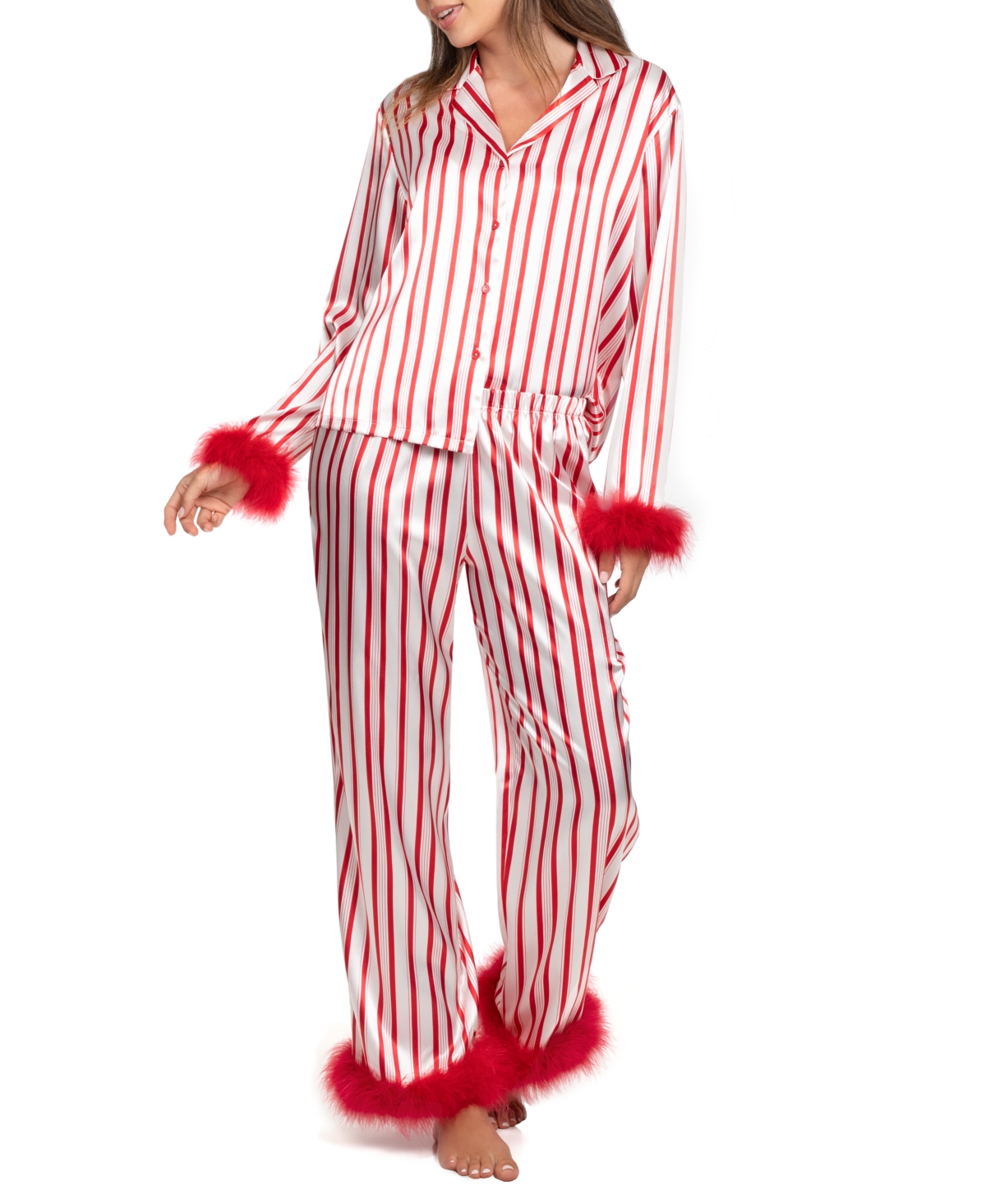 Linea Donatella Women's 2-piece Marabou Stripe Top And Pants Pajama Set In Red