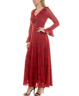 Women's Ruffle V-Neck Fit and Flare Mesh Dress