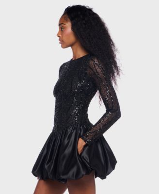 Junior's Long Sleeve Round Neck Bubble Dress