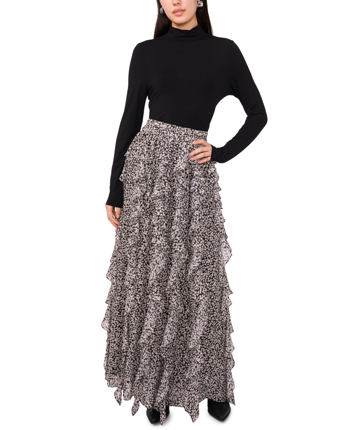 1.state Women's Printed Ruffle Maxi Skirt In Silver