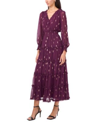 Women's Long Sleeve Smocked Waist Tiered Midi Dress