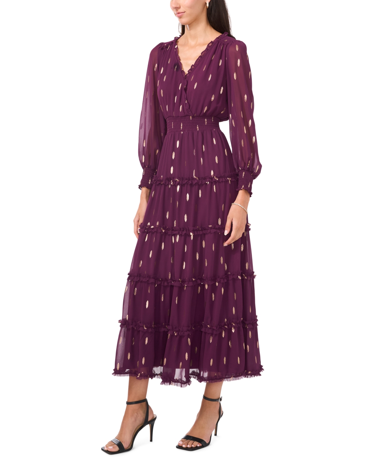 Msk Women's Long Sleeve Smocked Waist Tiered Midi Dress In Purple