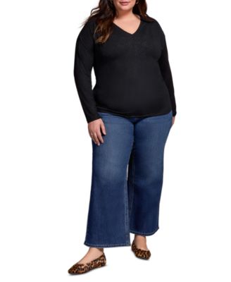 Plus Size Soft Shine Effect V-Neck Drop Shoulder Top