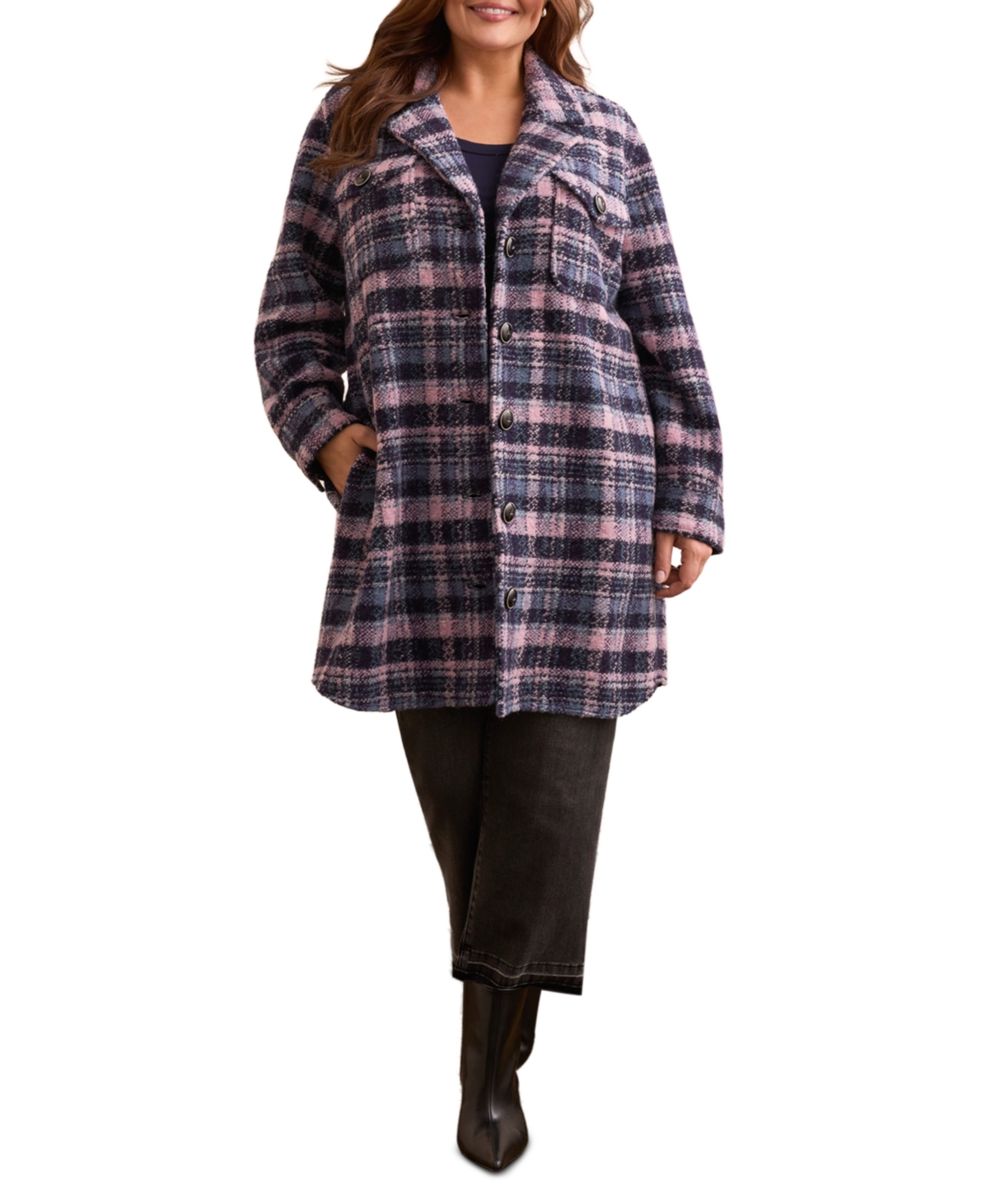 Tribal Plus Size Knit Plaid Notch Collar Shirt Jacket In Purple