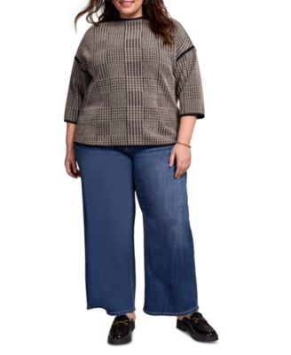 Plus Size 3/4 Sleeve Mock Neck Jacquard Plaid Top