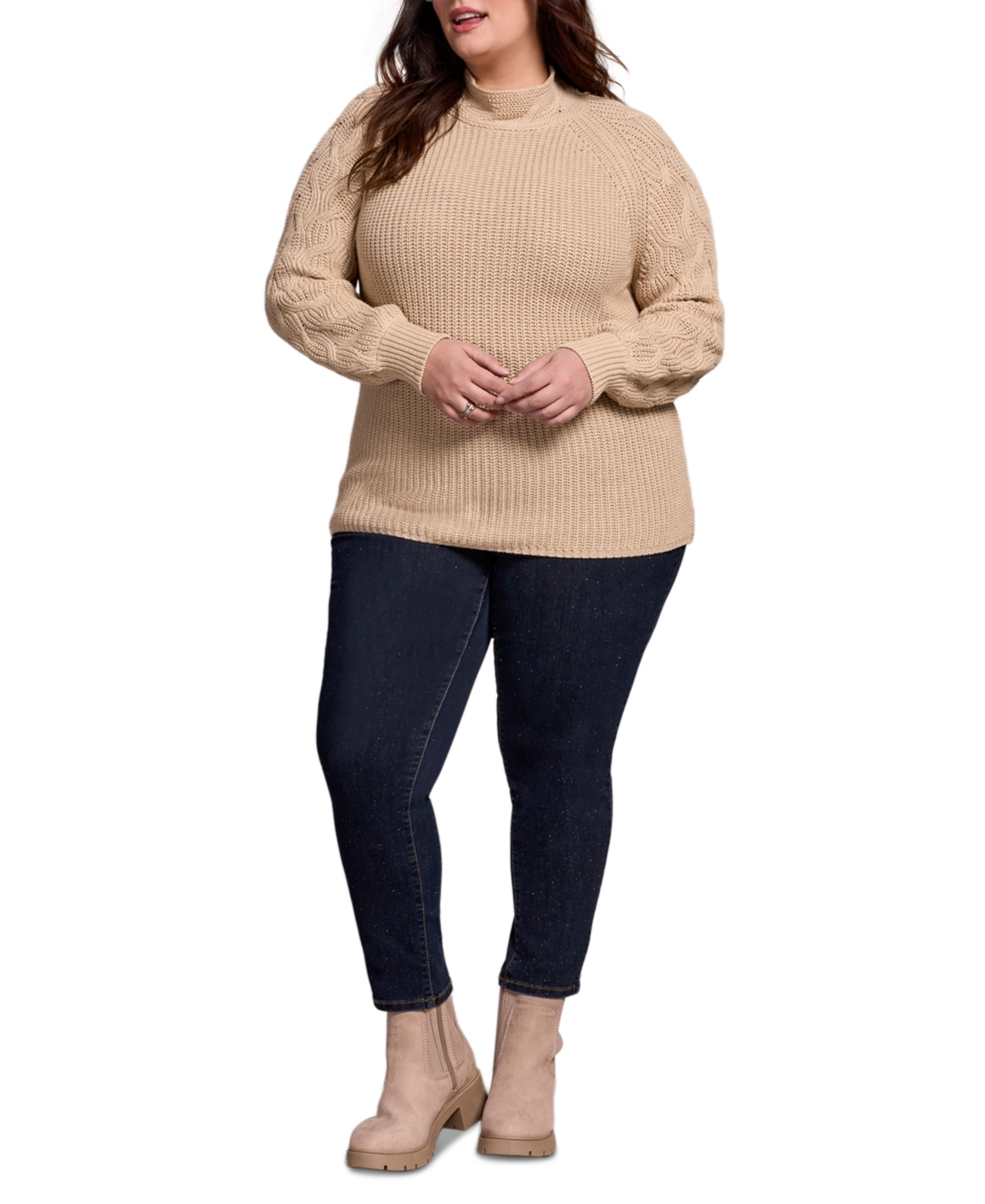 Tribal Plus Size Cable Knit Mock Neck Sweater In Brown