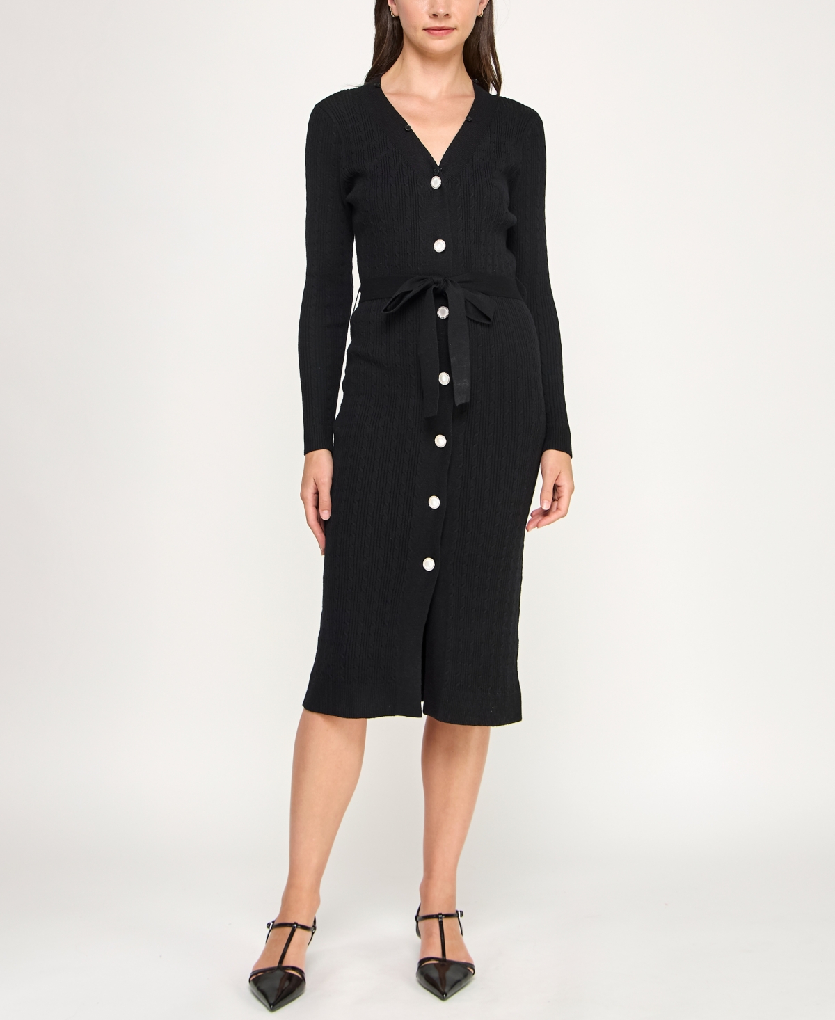 Invitee Juniors' Button Front Tie Waist Collared Midi Dress