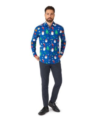 Men's Festivity Blue Shirt - Perfect For Christmas - Xmas Parties - Including 1 Button-Up Shirt - Blue - Long sleeve