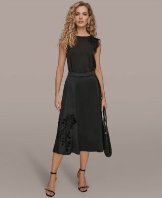 Women's Floral Cutout Satin Midi Skirt