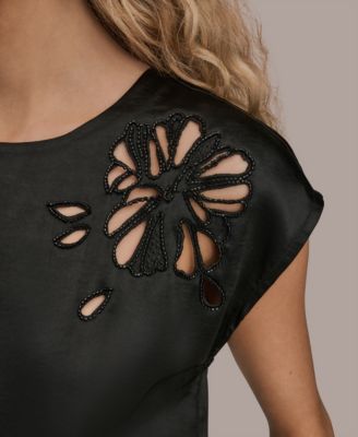 Women's Cap Sleeve Floral Cutout Satin Blouse