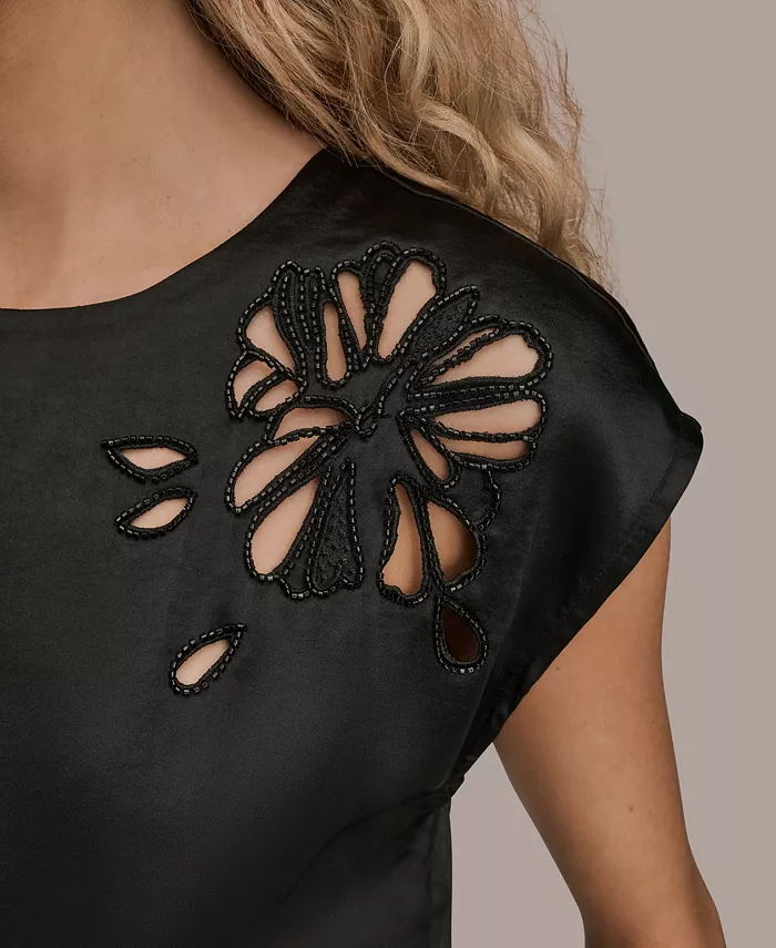 Women's Cap Sleeve Floral Cutout Satin Blouse - thumbnail 4