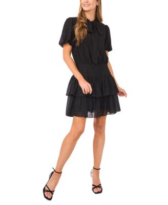 CeCe - Women's Puff Sleeve Tie Neck Dress