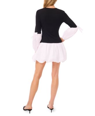 Women's Mix Media Rib Knit Balloon Long Sleeve Top