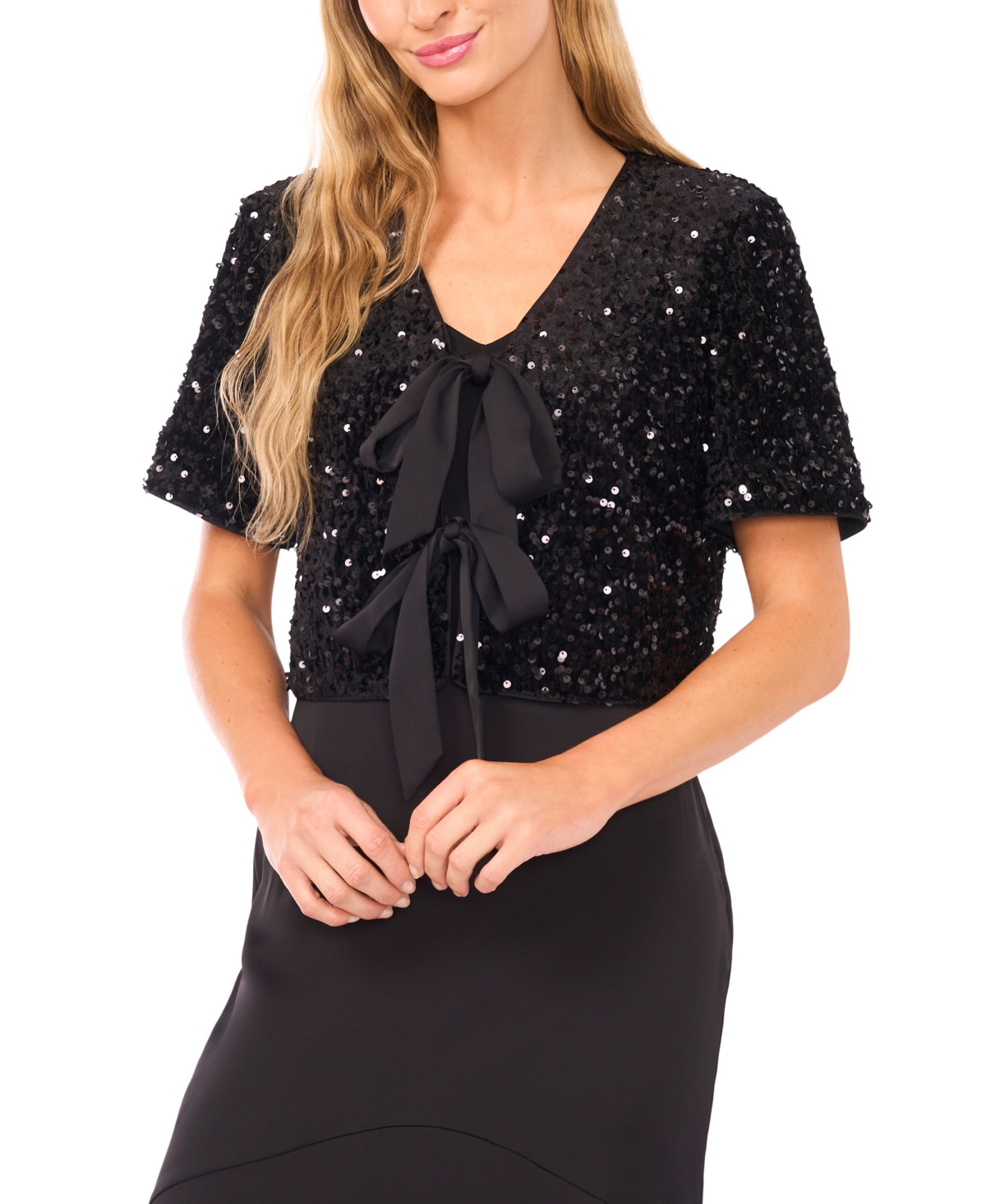 CeCe Women's Cropped Velvet Sequin Short Sleeve Top