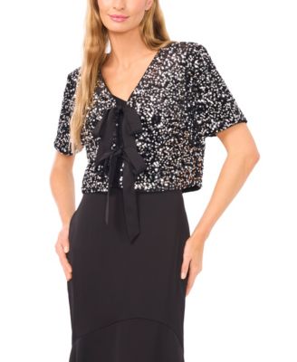 CeCe - Women's Cropped Velvet Sequin Short Sleeve Top