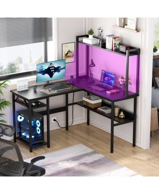 L Shaped Desk with Hutch, LED Lights, Reversible Corner Desk with Power Outlet