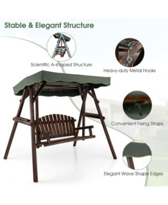 2 Person Wooden Garden Swing Bench Chair w/ Adjustable Cover for Garden Porch