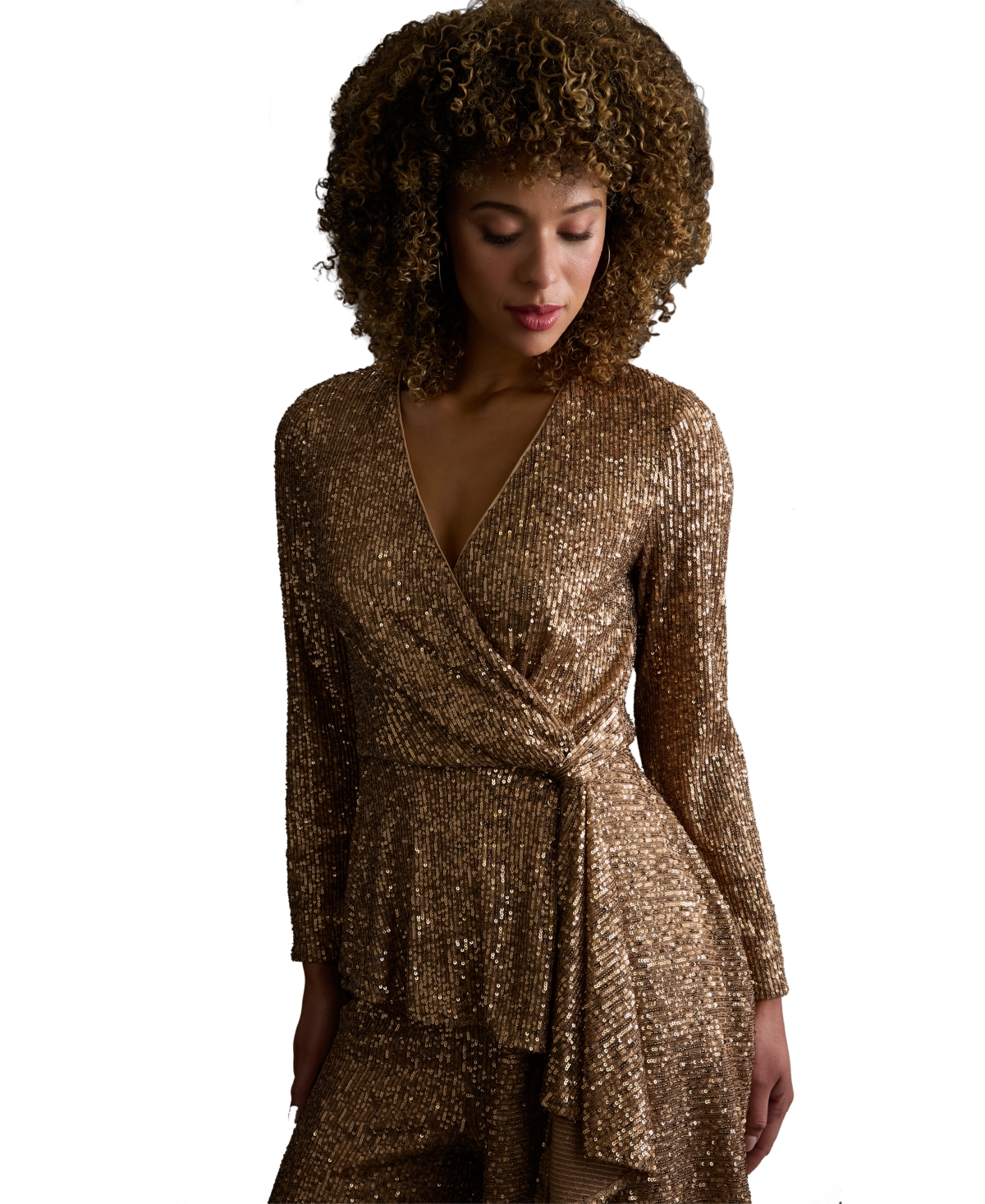 Muse Plus Size Sequin Long Sleeve Twist Wrap Top In Gold