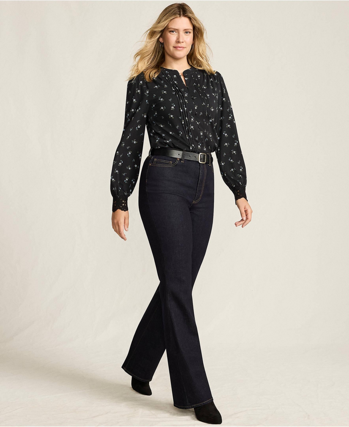 Lands' End Women's Lightweight Jersey Long Sleeve Button Front Pintuck Top