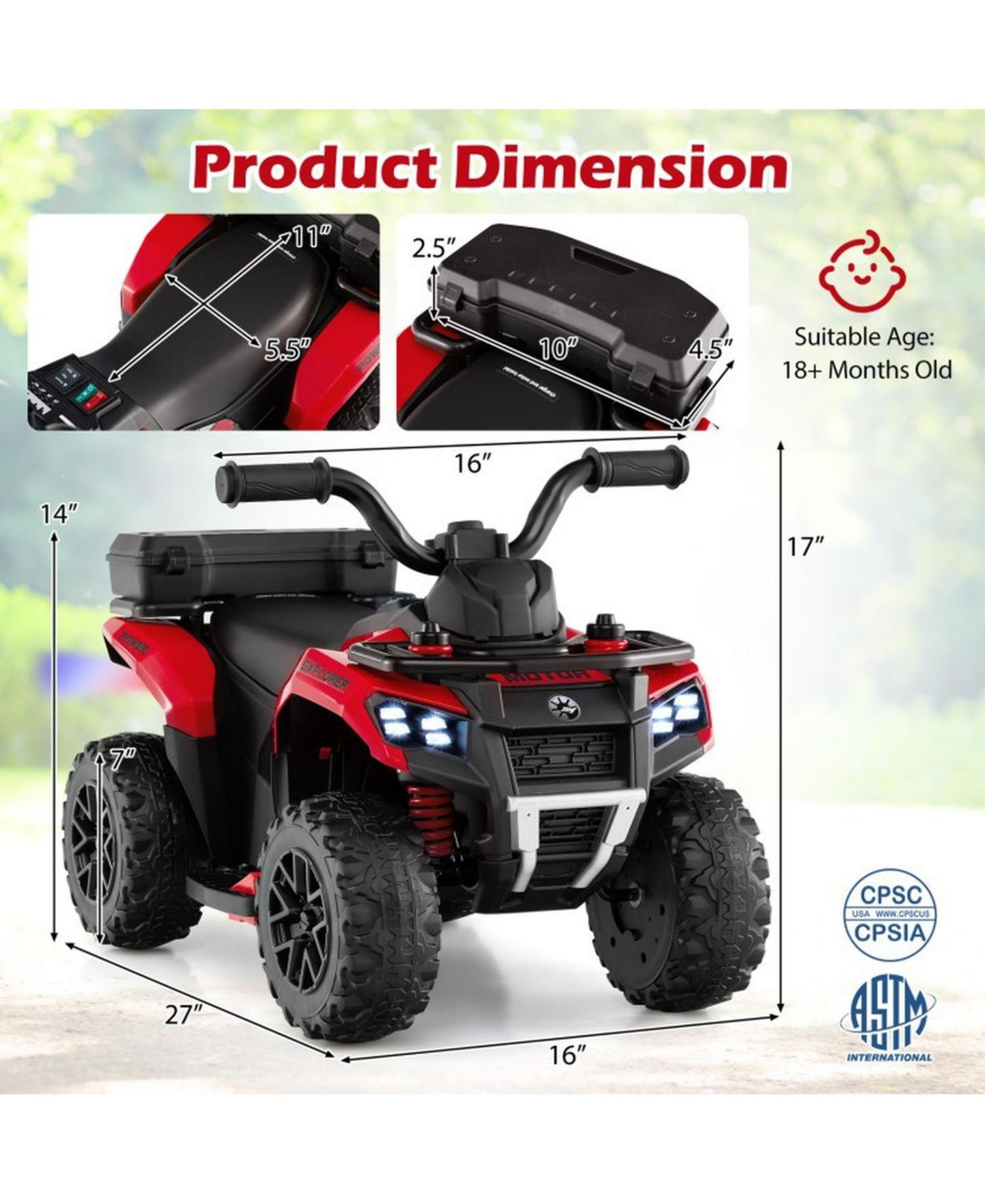 Детская игрушка SUGIFT 6V Kids Ride-On ATV with Spray Function and Music, 27"L x 16"W x 17"H, Ages 18+ Months, цвет: Красный — фото 4