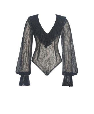 Women's Taliah Black Sheer Lace Ruffled Collar Bodysuit