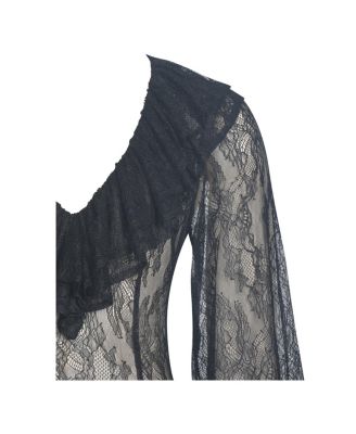 Women's Taliah Black Sheer Lace Ruffled Collar Bodysuit