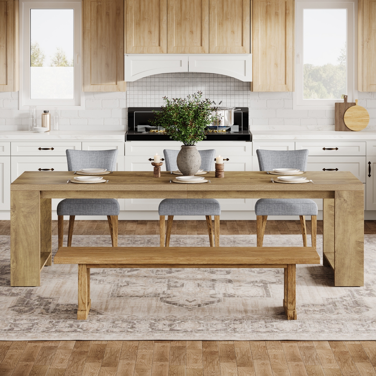 Tribesigns 86.61-Inch Dining Table for 6-8, Farmhouse Narrow Kitchen Table with Pedestal Base Only Table)