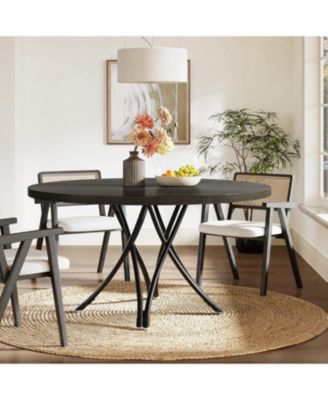 Black Dining Table for 4, 47-Inch Round Kitchen Table, Modern Wood Dining Room Table with Sturdy Cross Metal Legs for Kitchen Living Room