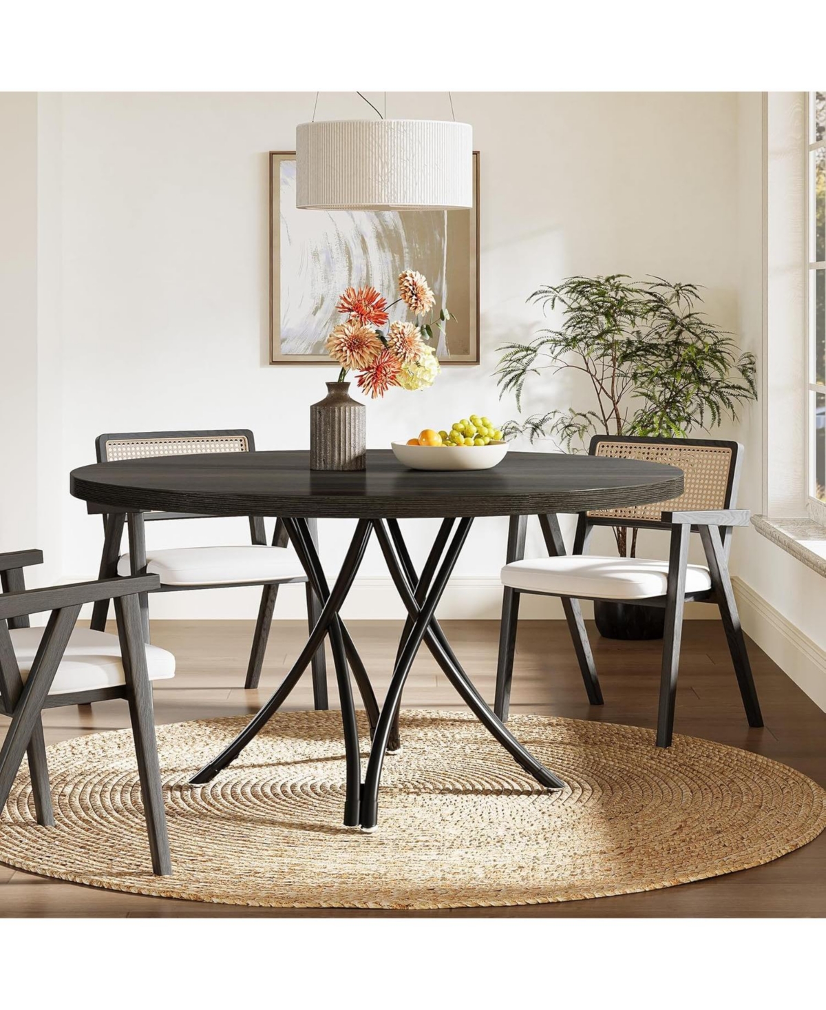 Tribesigns Black Dining Table for 4, 47-Inch Round Kitchen Table, Modern Wood Dining Room Table with Sturdy Cross Metal Legs for Kitchen Living Room