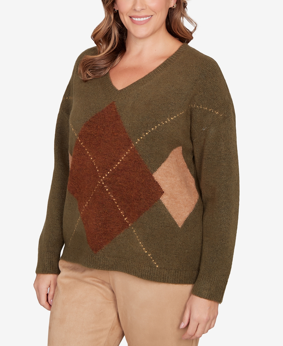 Hearts Of Palm Plus Size Argyle Long Sleeve V-neck Sweater In Brown