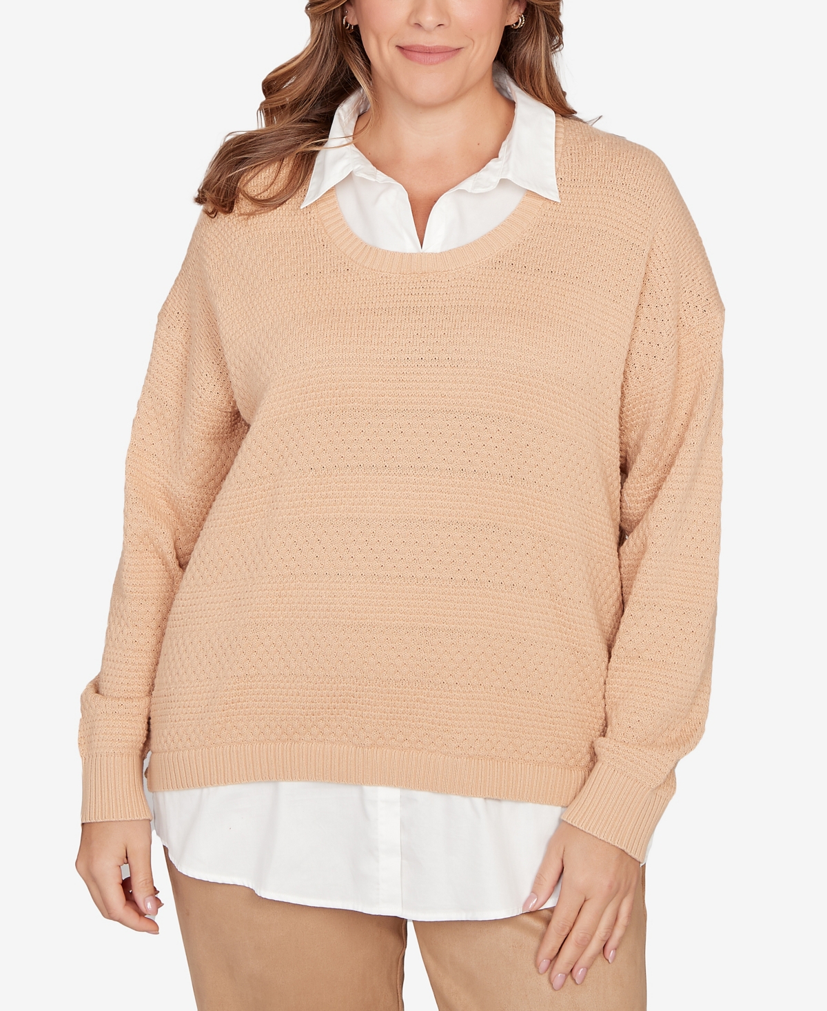 Hearts Of Palm Plus Size Solid Textured Stripe Two Fer Sweater In Multi