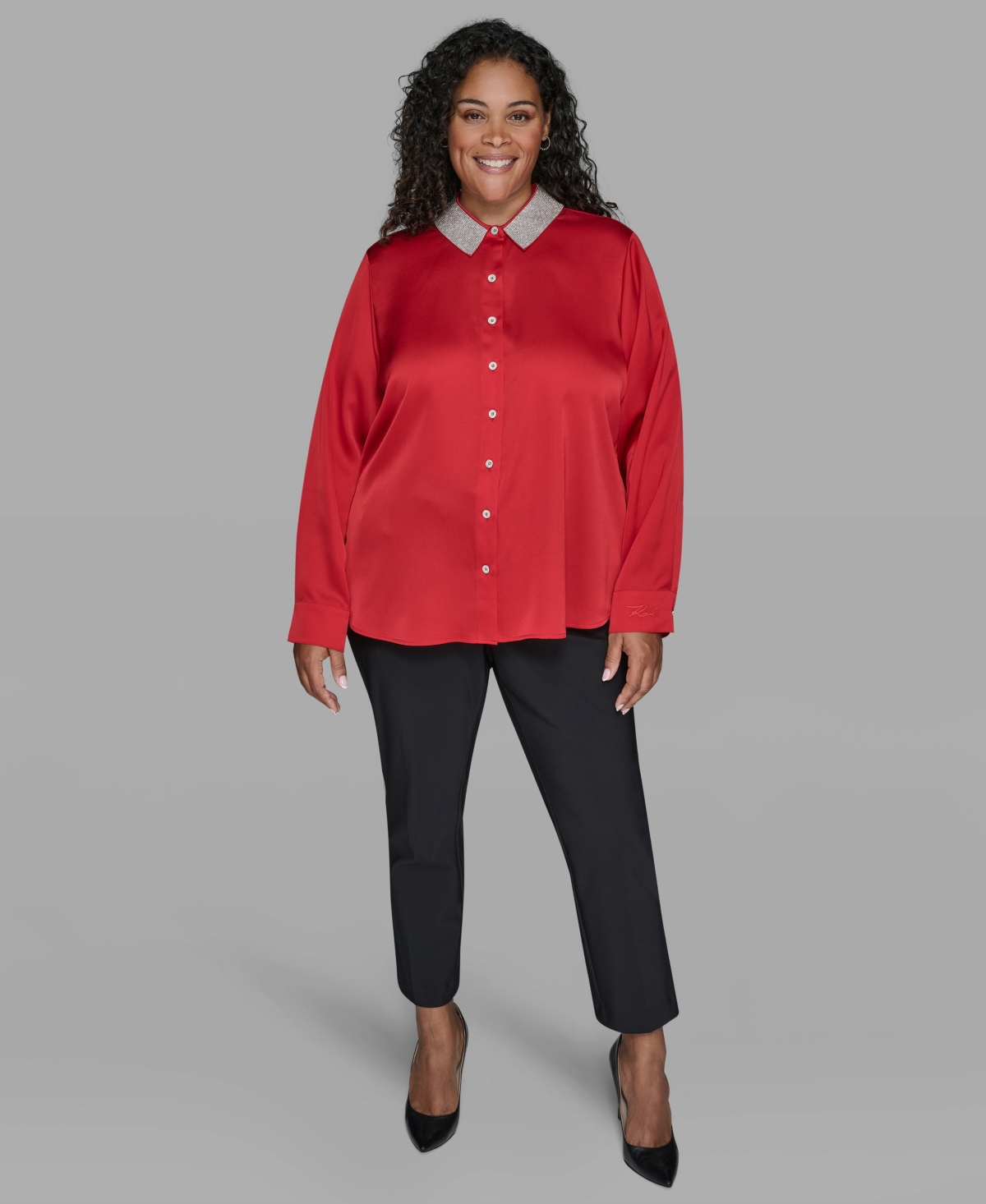 Karl Lagerfeld Plus Size Crystal Collared Neck Shirt In Multi