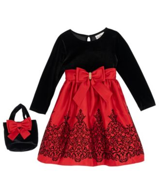 Girls' 2T-6X Mini Bag and Long-Sleeve Jewel Bow Dress, 2-Piece Set