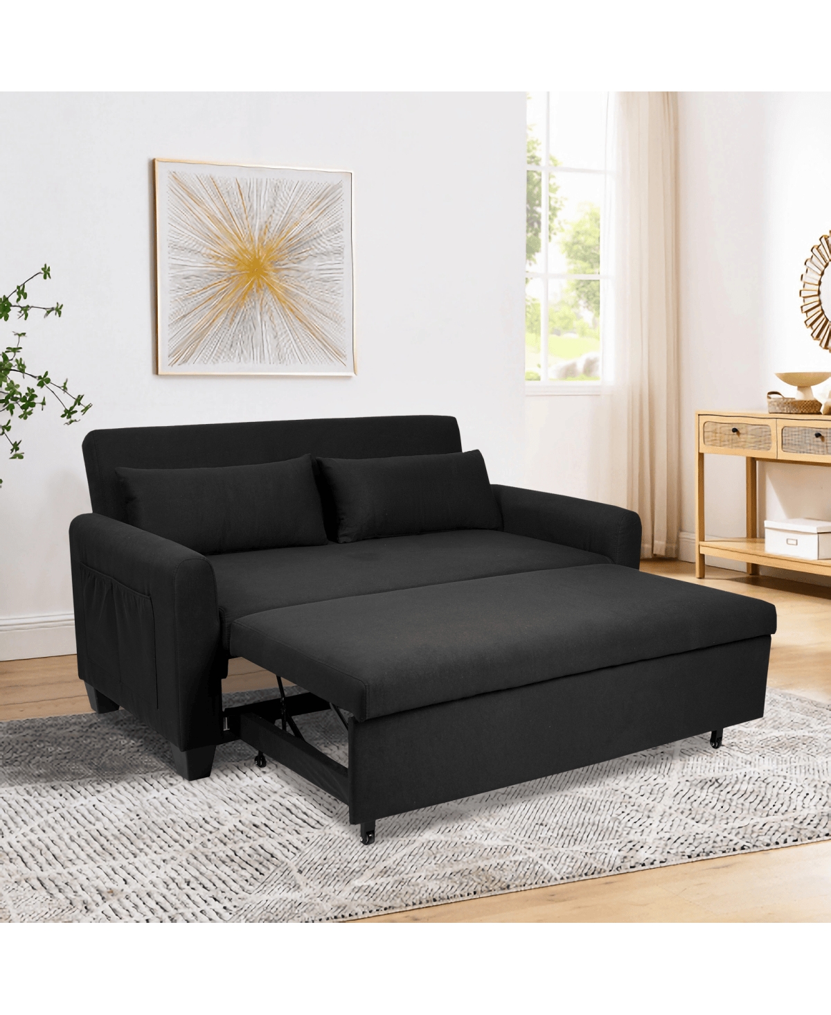 Maison Boucle 61-Inch Pull-Out Linen Sofa Bed with Extra-Wide Convertible Sleeper Loveseat, Storage Pocket & Wheels for Apartments and Guest Rooms