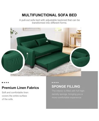 61-Inch Pull-Out Linen Sofa Bed with Extra-Wide Convertible Sleeper Loveseat, Storage Pocket & Wheels for Apartments and Guest Rooms