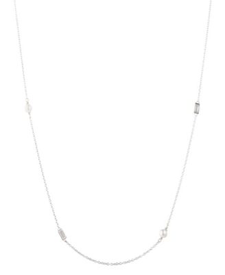 Imitation Pearl, Cubic Zirconia Sterling Silver Station Strand Necklace