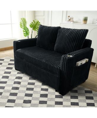 1 Pc Corduroy Sofa Bed, Adjustable Backrest, USB Charging, Pull-Out Sleeper, Cup Holders, Storage – Furniture